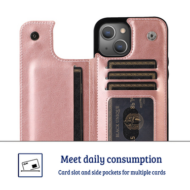 iPhone 16 Plus Compatible Case Cover With Back Flip Leather Wallet - Rose Gold